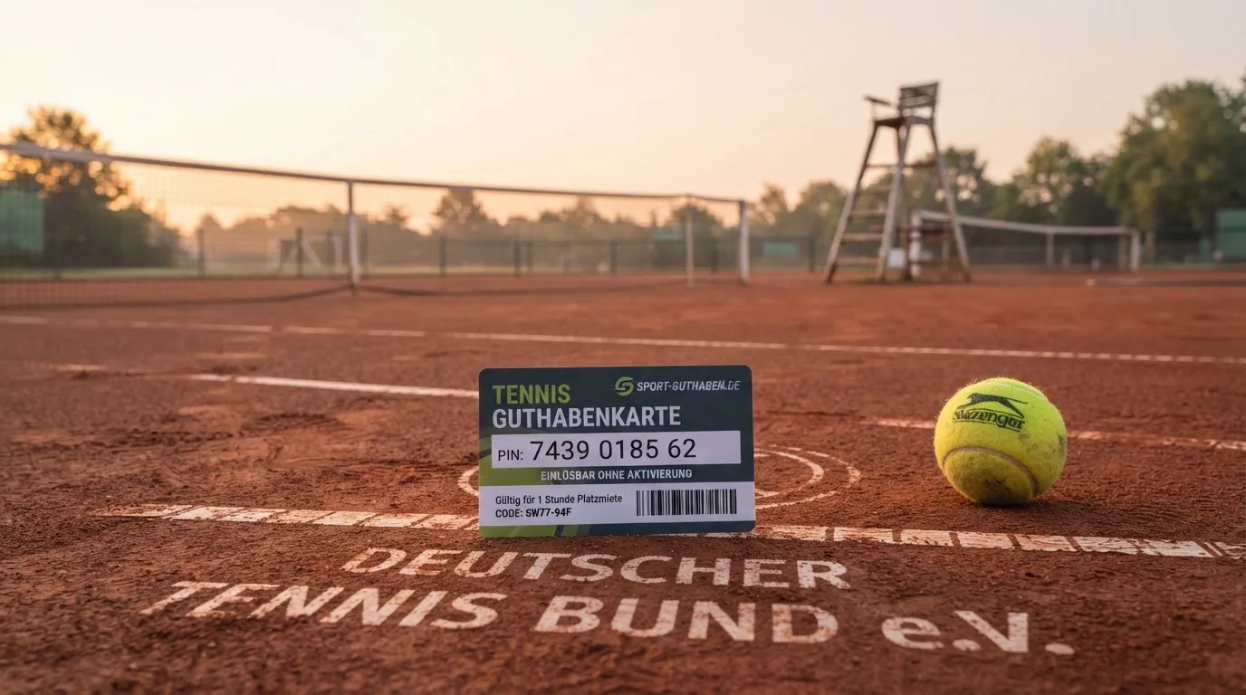 Ein Tennisball liegt auf einem roten Sandplatz bei Sonnenaufgang, im Hintergrund ein leerer Schiedsrichterstuhl.