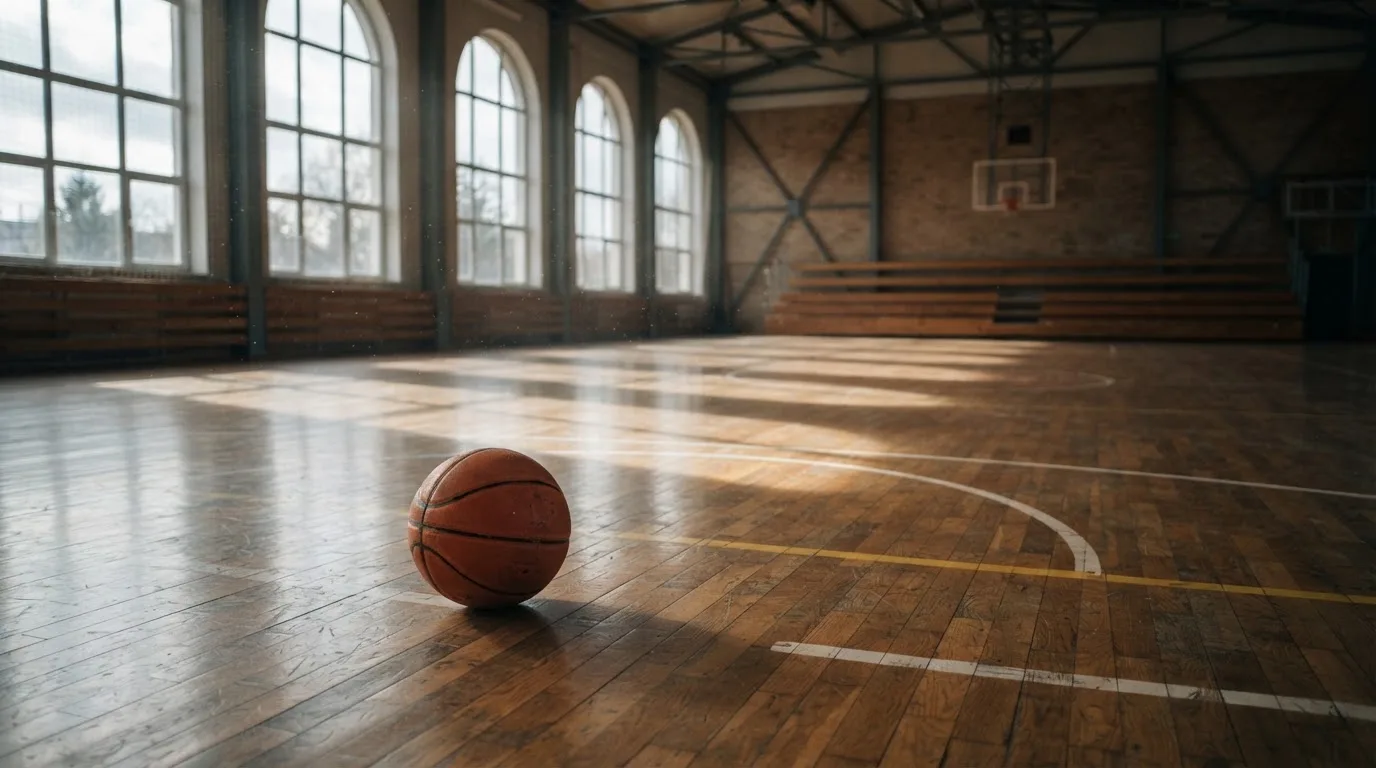 Ein Basketball liegt auf dem Parkett einer leeren Halle, Licht fällt durch hohe Fenster.