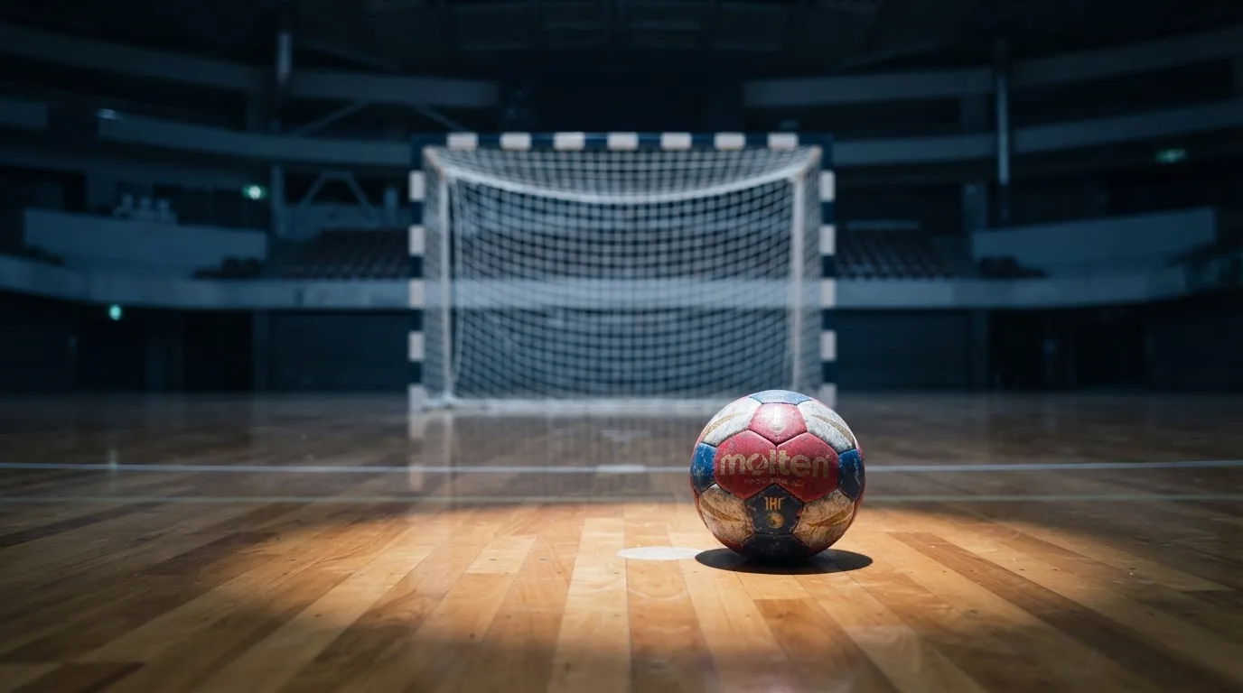 Ein Handball liegt in einer leeren Halle auf dem Boden vor dem Tor.