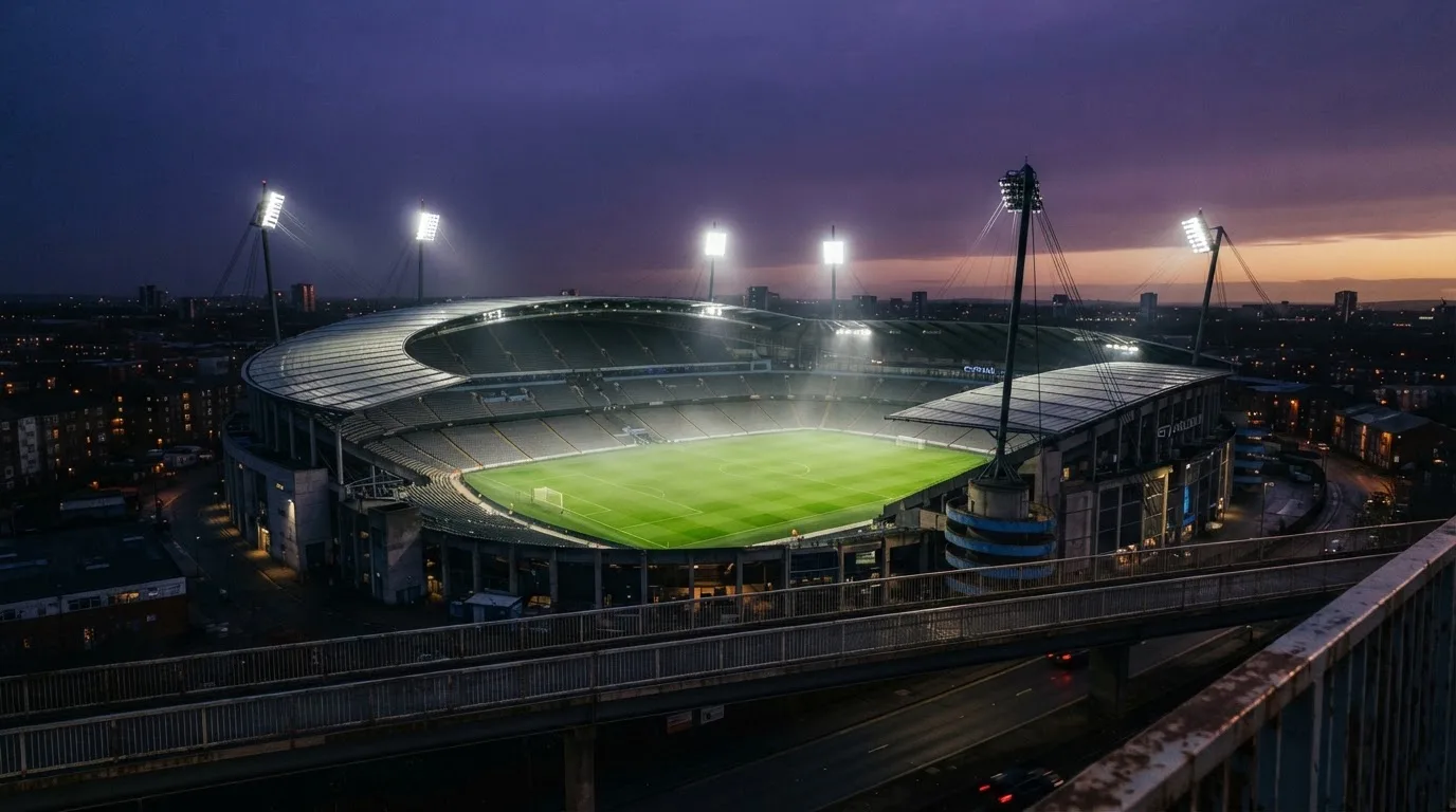 Ein Stadion bei Dämmerung mit eingeschalteten Flutlichtmasten, von einer Brücke aus aufgenommen.