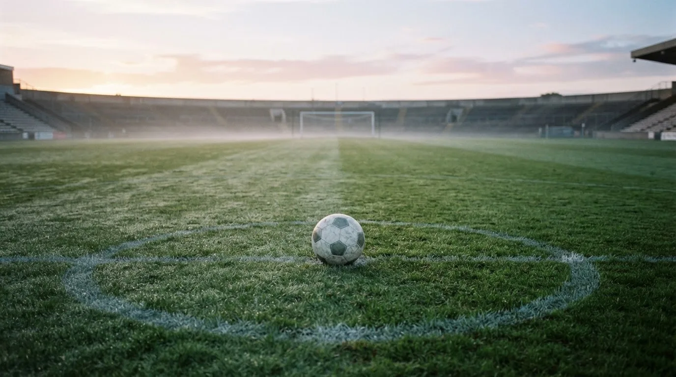 Ein Fußball liegt auf dem Anstoßkreis eines leeren Rasenplatzes im frühen Morgenlicht.