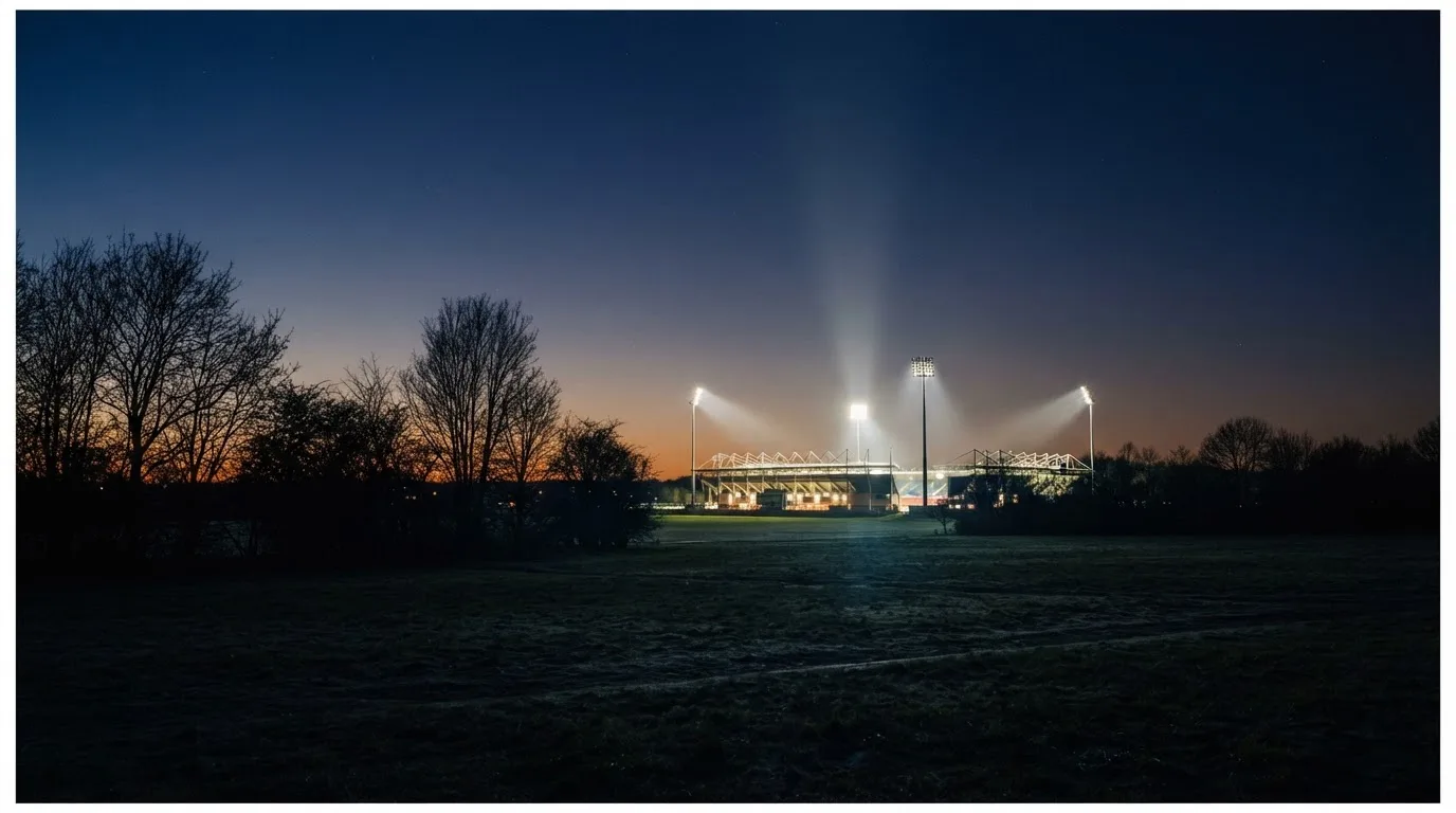 Ein Stadion unter Flutlicht aus großer Entfernung, davor die Silhouetten von Bäumen im Abendhimmel.