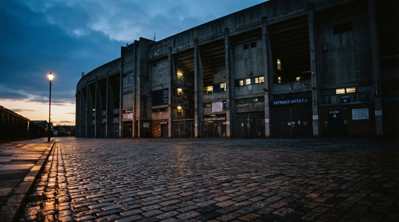 Die Rückseite einer Tribüne bei Dämmerung, davor ein menschenleerer Vorplatz mit Pflastersteinen.