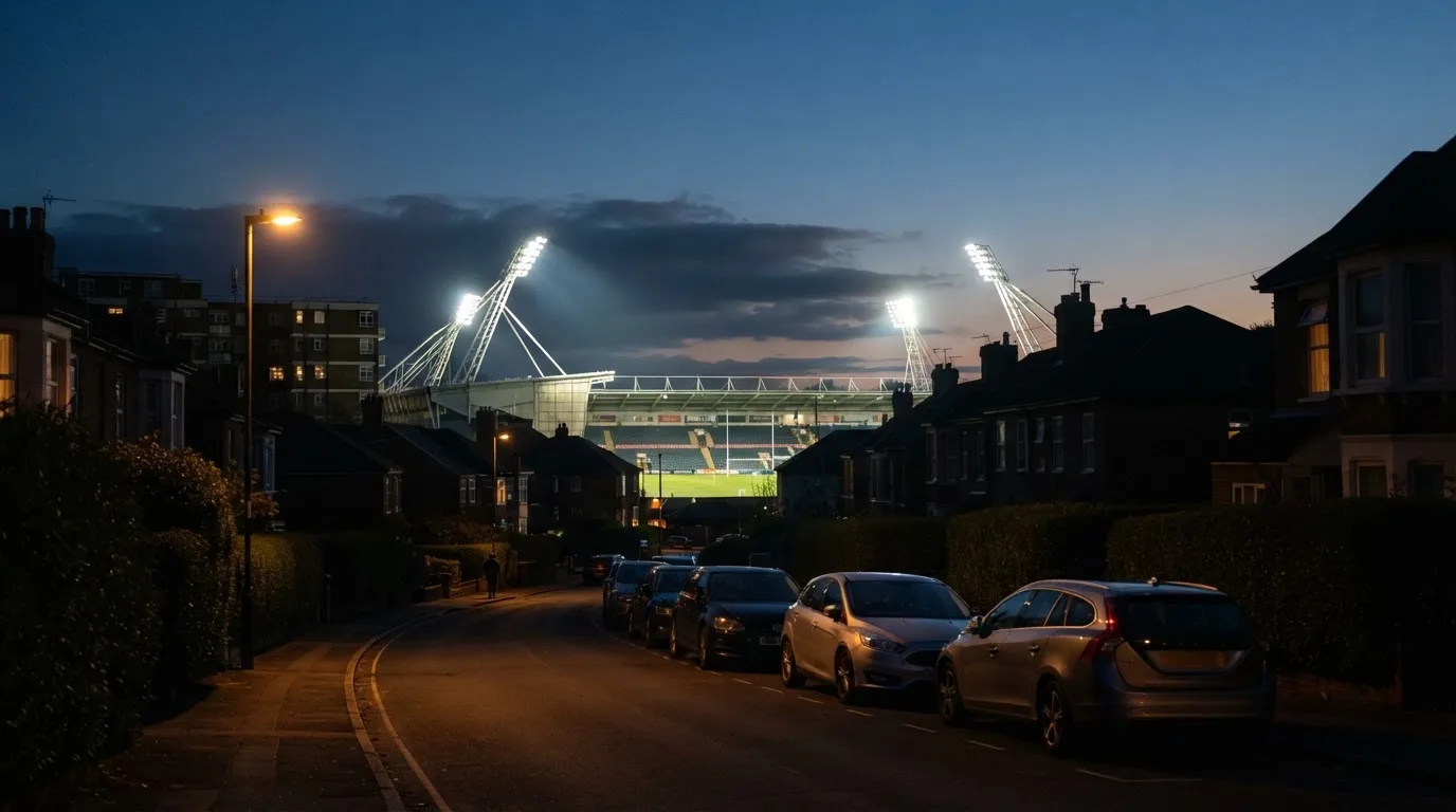 Ein Stadion aus der Ferne bei Flutlicht, davor eine ruhige Straße in der Abenddämmerung.