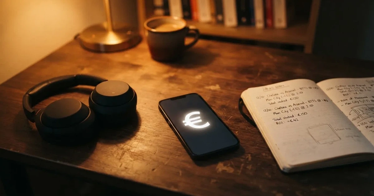 Ein Smartphone mit schwarzem Display liegt neben Kopfhörern auf einem Schreibtisch, daneben ein aufgeschlagenes Notizbuch.