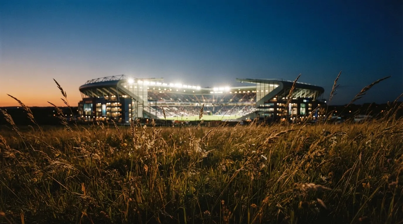 Ein hell beleuchtetes Stadion aus der Ferne in der Dämmerung, im Vordergrund ein Feld mit hohem Gras.