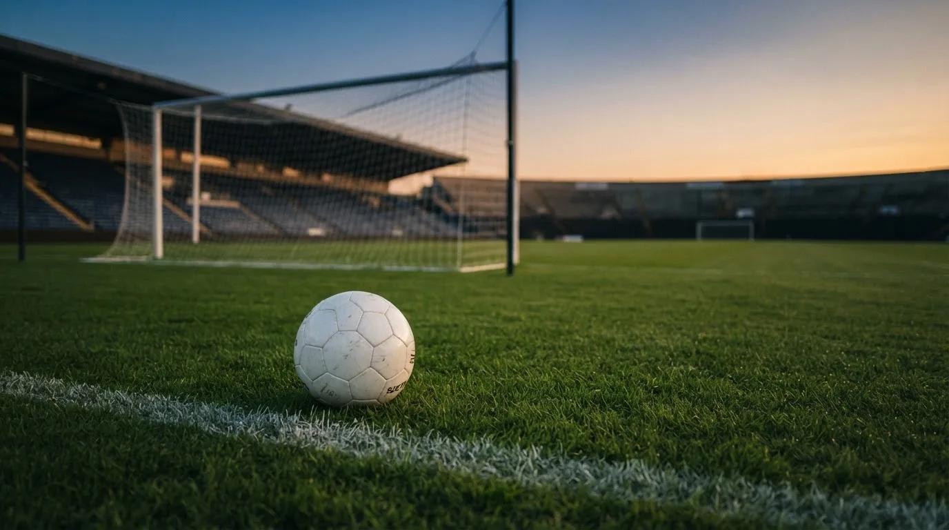 Ein Fußball liegt im Strafraum eines leeren Platzes, dahinter die Netze des Tores im Abendlicht.