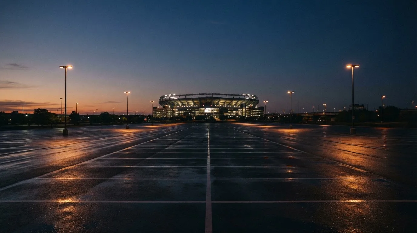 Ein Stadion unter Flutlicht aus großer Entfernung bei Einbruch der Dunkelheit, davor ein stiller Parkplatz.