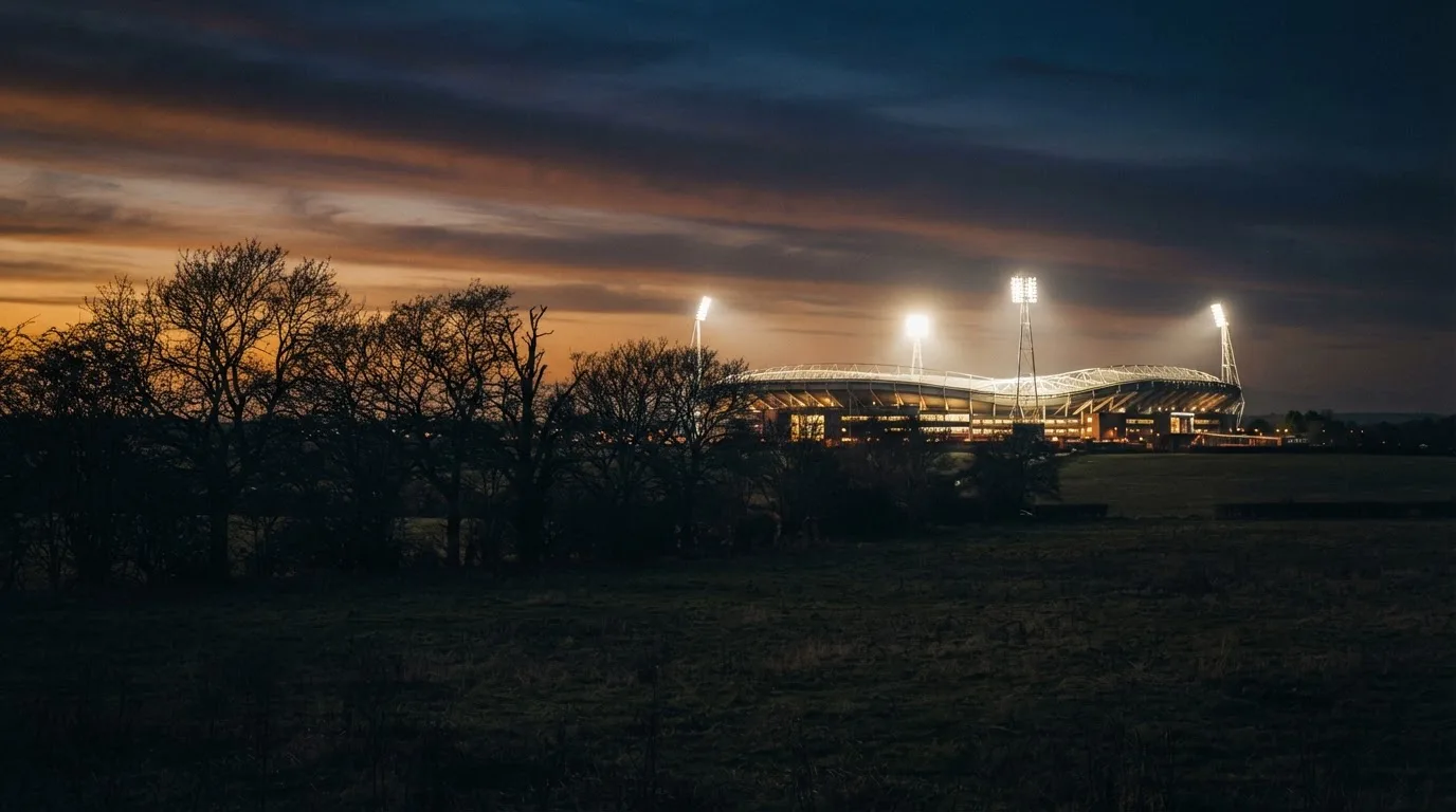 Ein Stadion unter Flutlicht, aus großer Entfernung gesehen, davor eine Reihe kahler Bäume im Dämmerlicht.