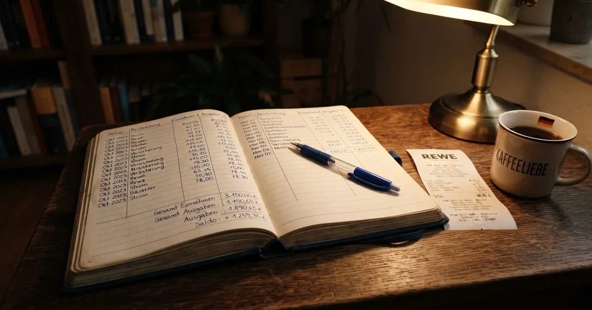 Ein Notizbuch mit handschriftlichen Zahlenreihen und Strichlisten liegt neben einem Taschenrechner auf einem Schreibtisch.