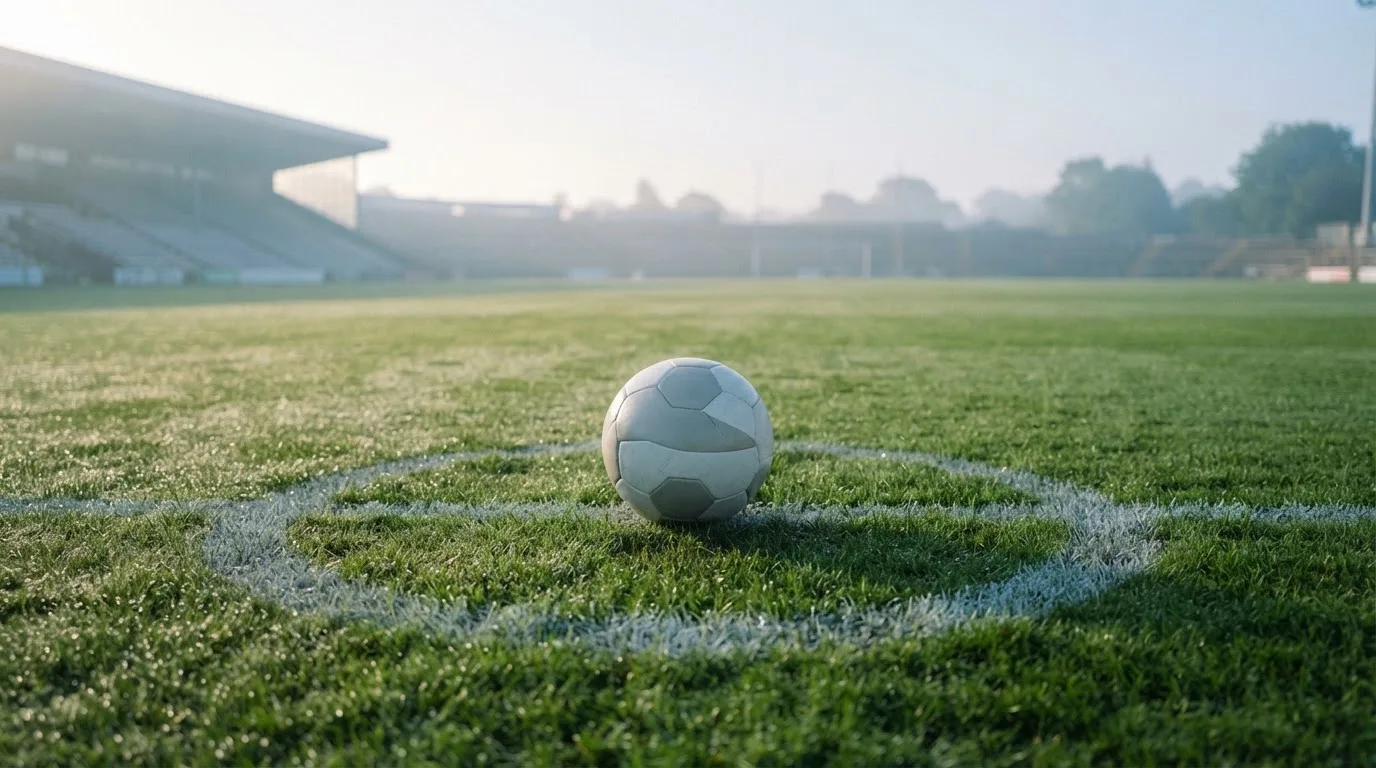 Ein Fußball auf dem Mittelkreis eines leeren Rasenplatzes im frühen Morgenlicht.