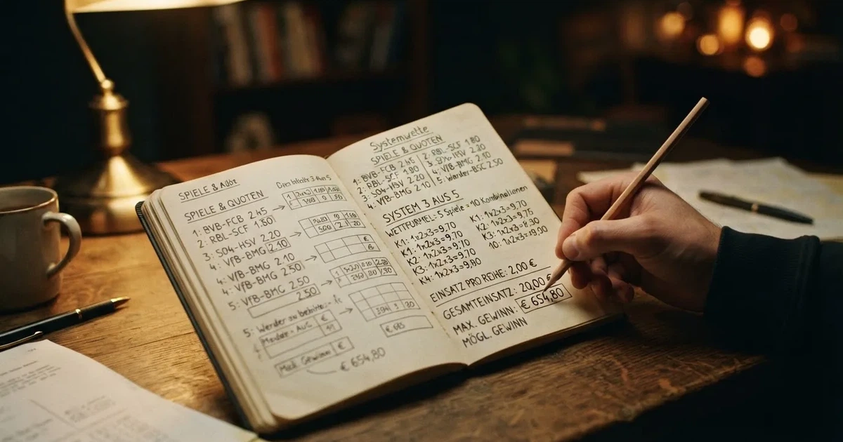 Ein Notizbuch mit handschriftlichen Zahlenreihen und Kästchen liegt neben einem Taschenrechner und einem Bleistift auf einem Schreibtisch.
