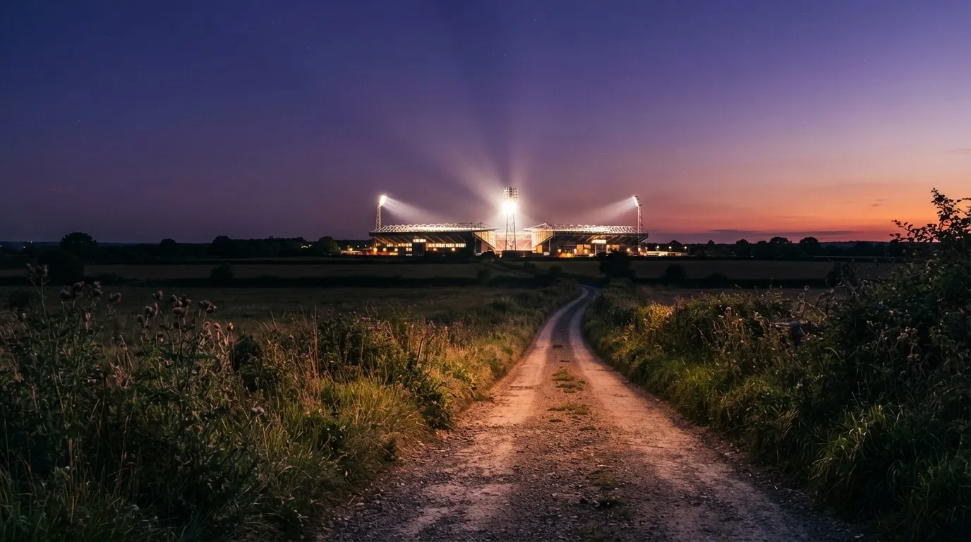 Ein beleuchtetes Stadion aus großer Distanz am Abend, im Vordergrund ein Feldweg.