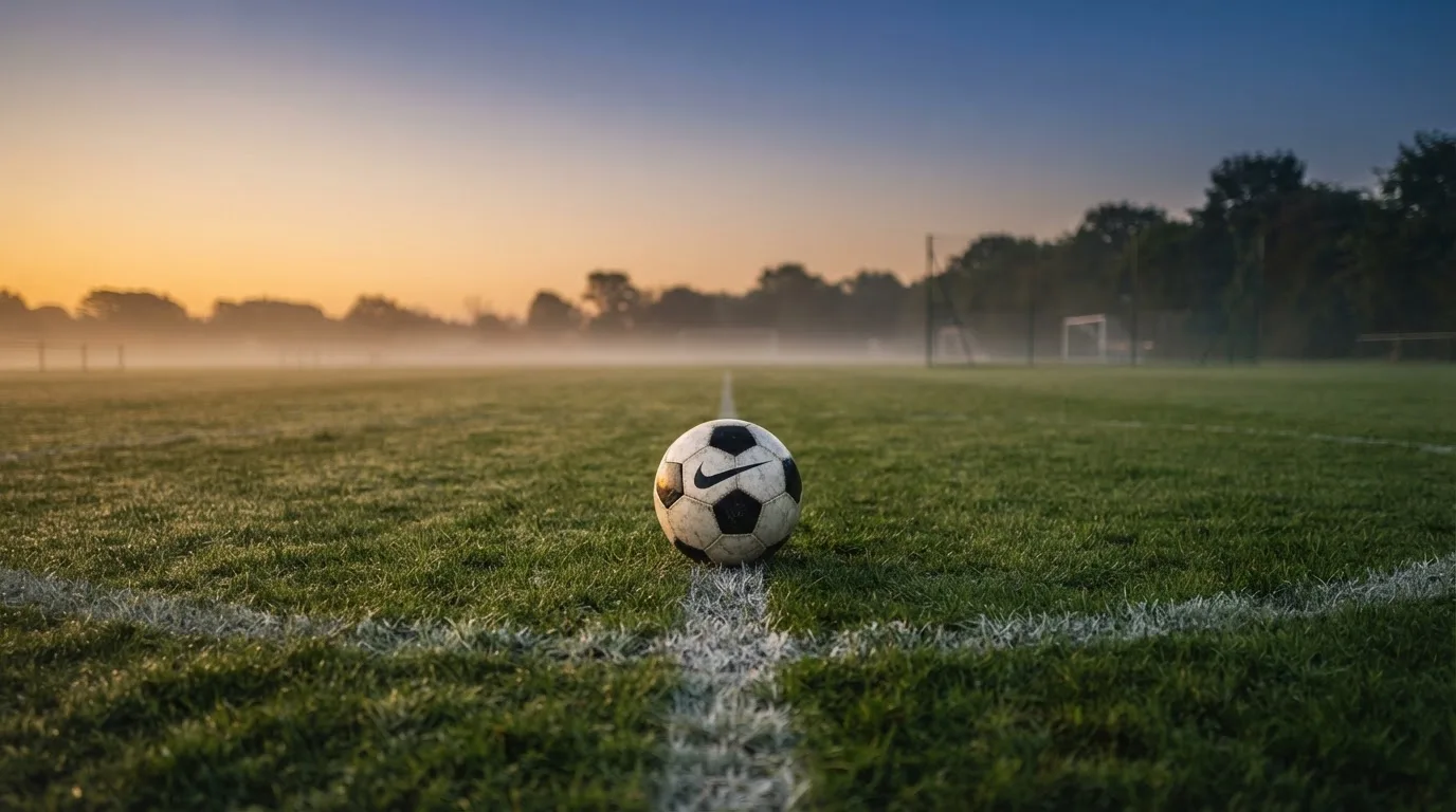 Ein Fußball liegt am Rand des Mittelkreises auf einem leeren Rasenplatz bei Sonnenaufgang.