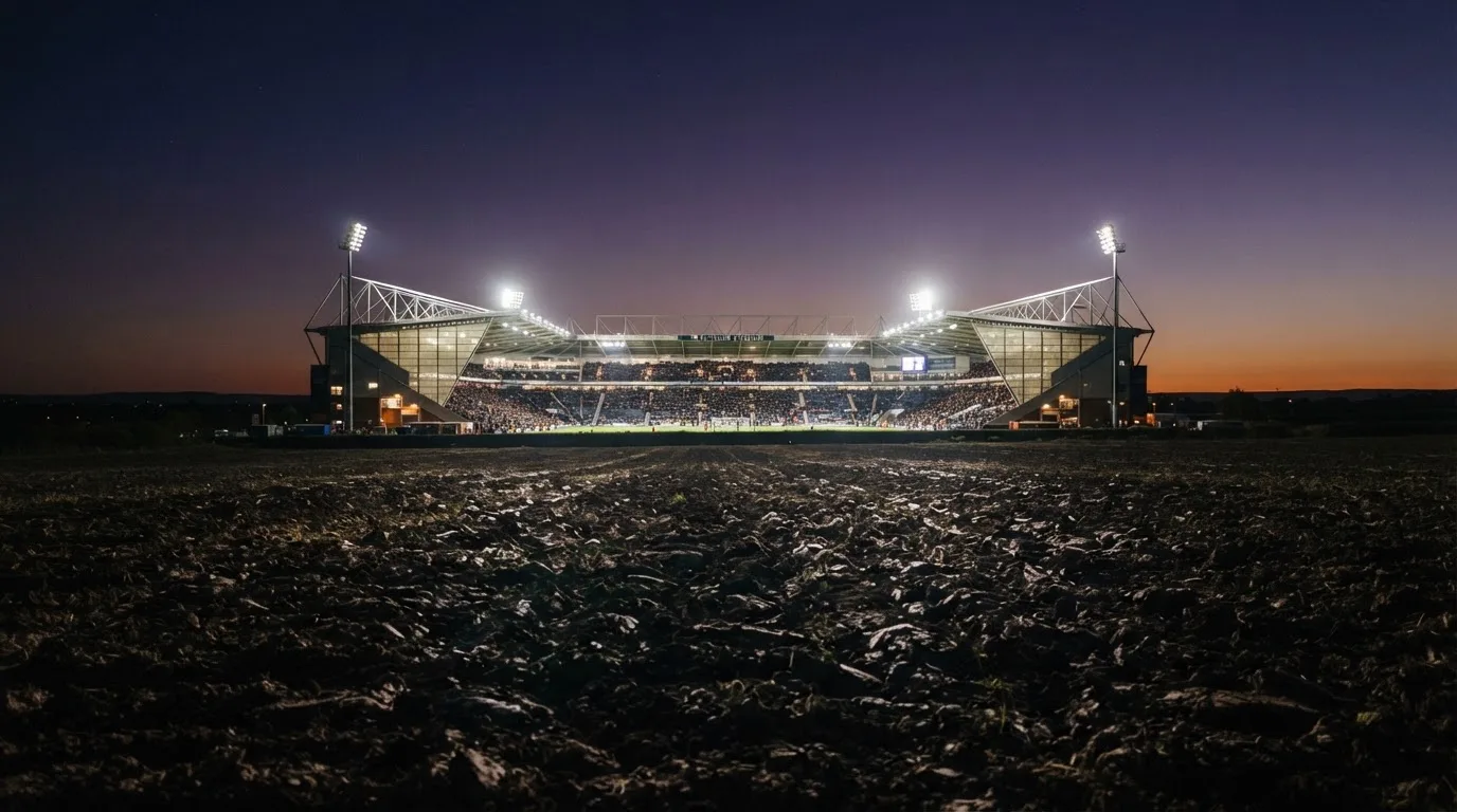 Ein Stadion unter Flutlicht aus großer Entfernung, davor ein dunkler Acker im Abendlicht.