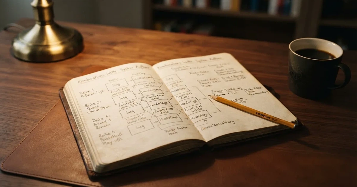 Ein Notizbuch mit handschriftlichen Kästchen und Linien liegt neben einem Bleistift und einem Taschenrechner auf einem Schreibtisch.
