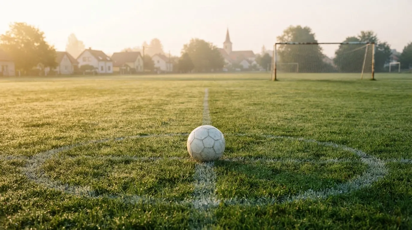 Ein Fußball auf dem Rasen eines leeren Sportplatzes am Rand einer Kleinstadt im Morgenlicht.