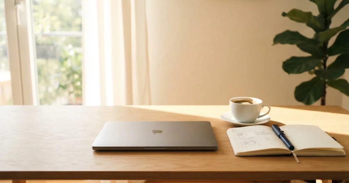 Ein Laptop mit geschlossenem Deckel steht neben einer Kaffeetasse und einem Notizbuch auf einem hellen Schreibtisch.