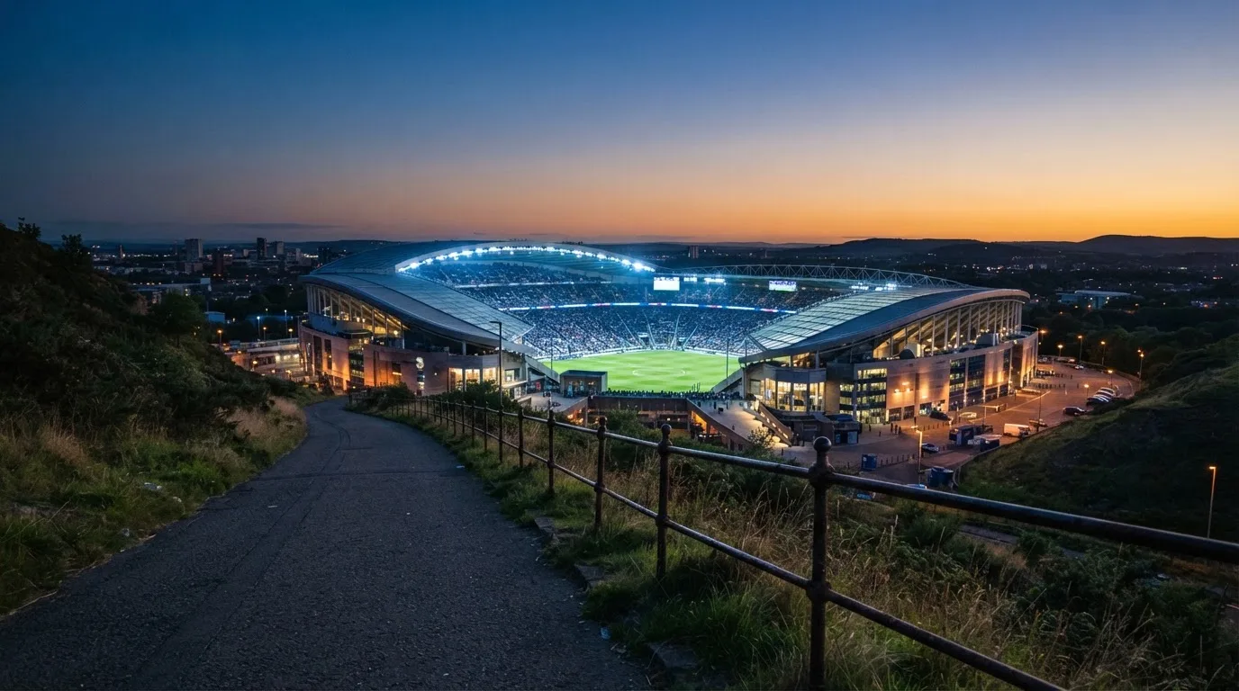 Ein Stadion unter Flutlicht, von einer Anhöhe aus gesehen, davor ein stiller Weg in der Dämmerung.