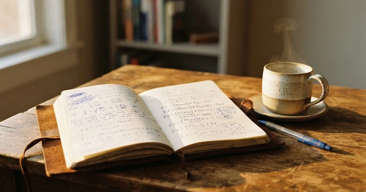 Ein Notizbuch mit handschriftlichen Rechnungen und ein Taschenrechner liegen auf einem Schreibtisch neben einer Tasse Kaffee im Licht des frühen Morgens.