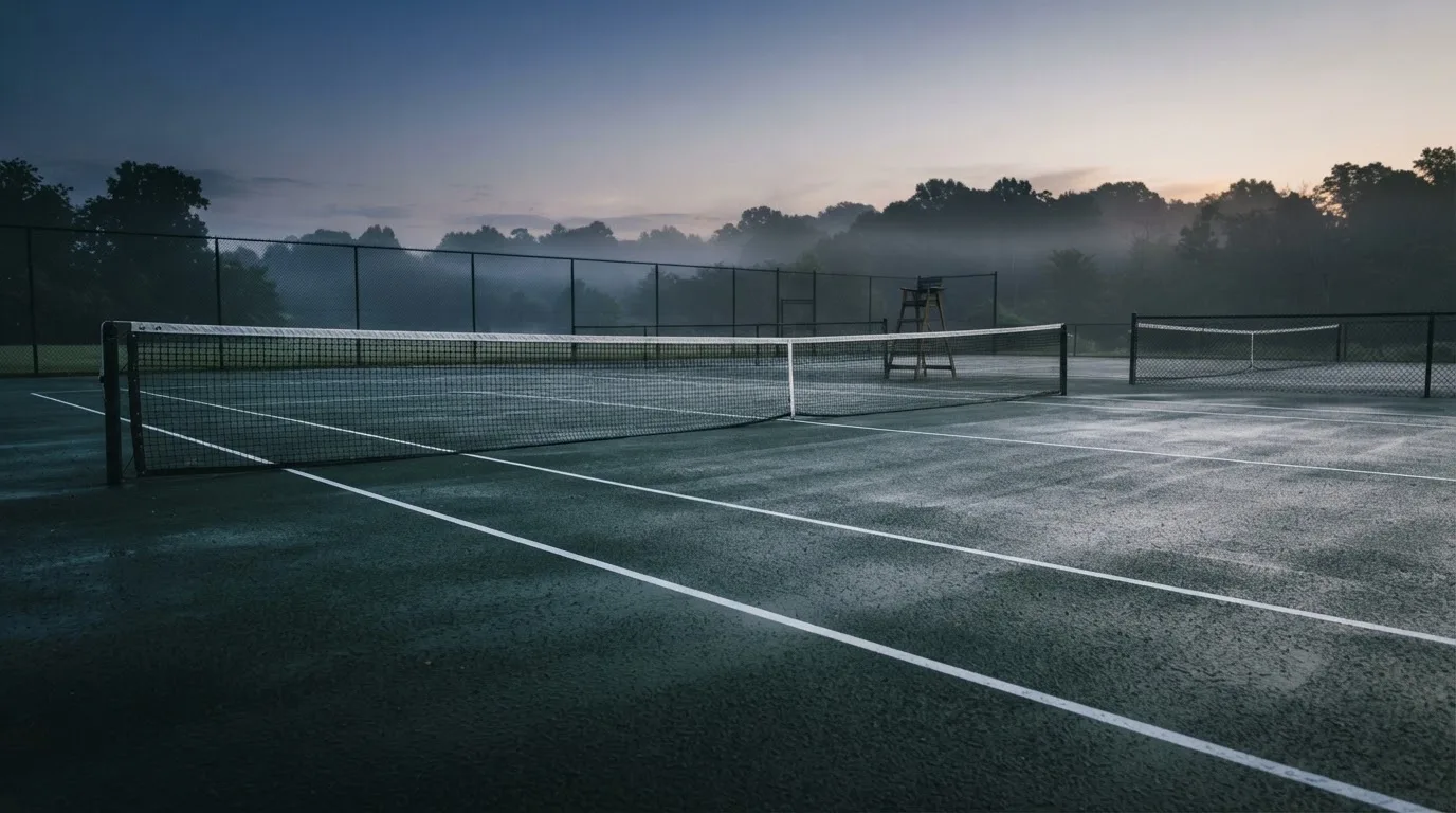Ein Tennisplatz im Morgengrauen, das Netz und die Linien liegen im Tau, im Hintergrund leichter Nebel und kein Mensch zu sehen.