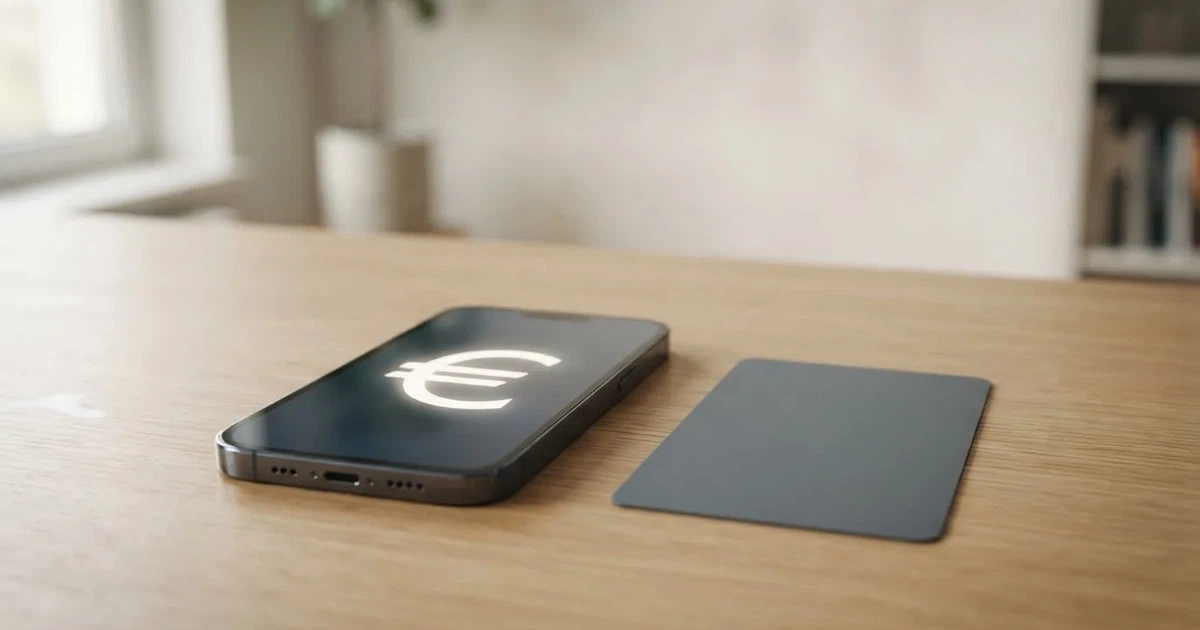 Ein Smartphone mit dunklem Display liegt neben einer schlichten Plastikkarte ohne Aufdruck auf einem hellen Schreibtisch.
