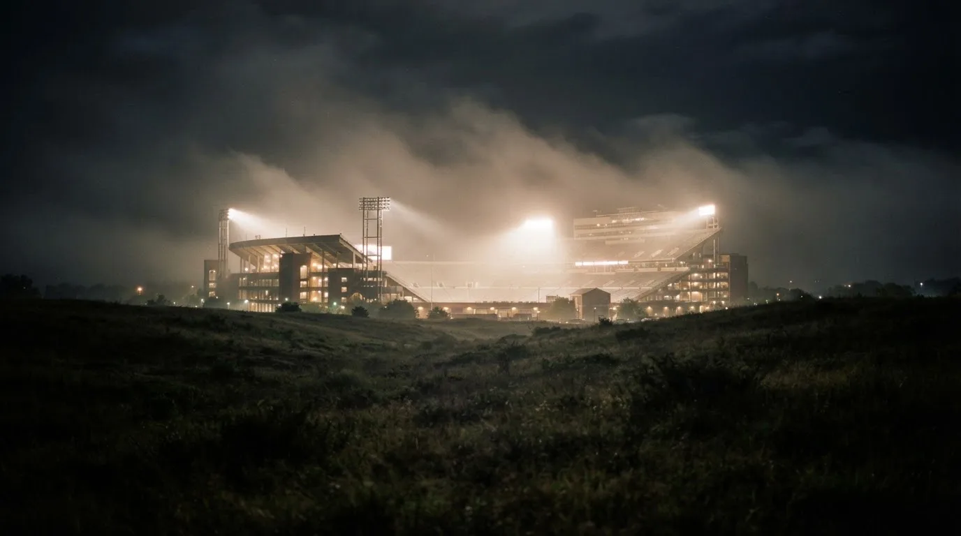 Ein Stadion unter Flutlicht, aus großer Entfernung über eine dunkle Wiese fotografiert, am Himmel zieht Nebel auf.