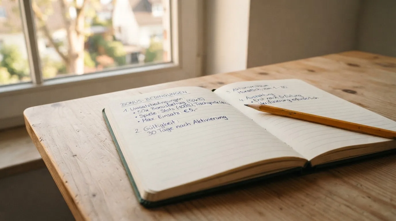 Ein Notizbuch mit handschriftlichen Notizen und ein Bleistift liegen auf einem Schreibtisch am Fenster, draußen fällt Morgenlicht herein.