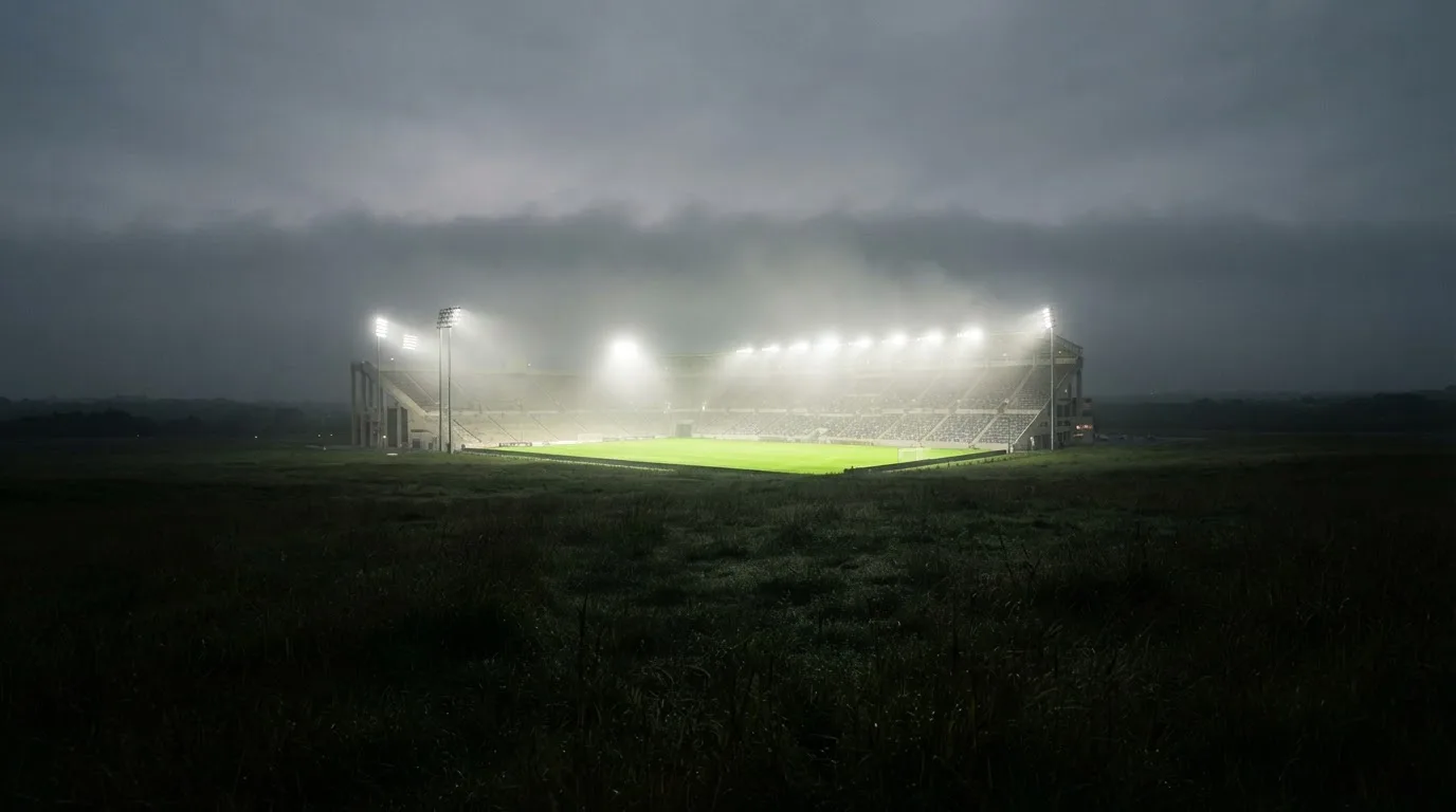 Ein Stadion unter Flutlicht, aus großer Entfernung über eine dunkle Wiese fotografiert, am Himmel zieht Nebel auf.