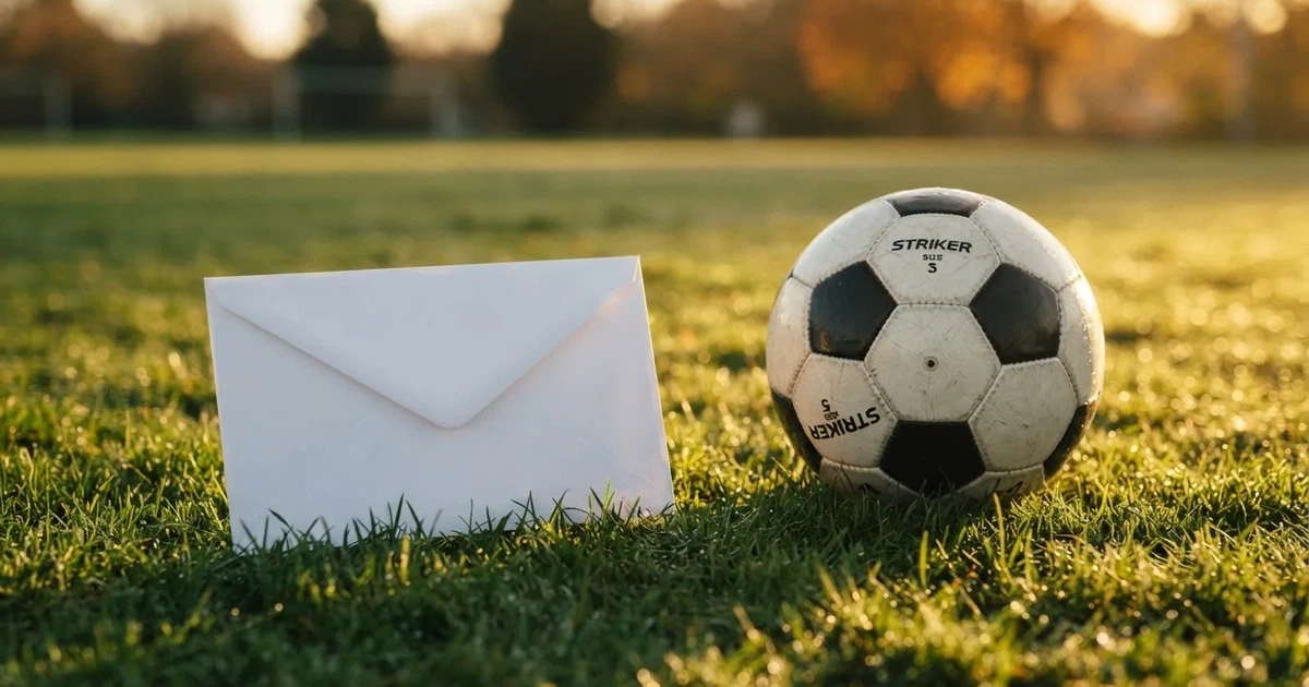 Ein verschlossener leerer Briefumschlag liegt neben einem Fußball auf grünem Rasen im warmen Licht des Nachmittags.