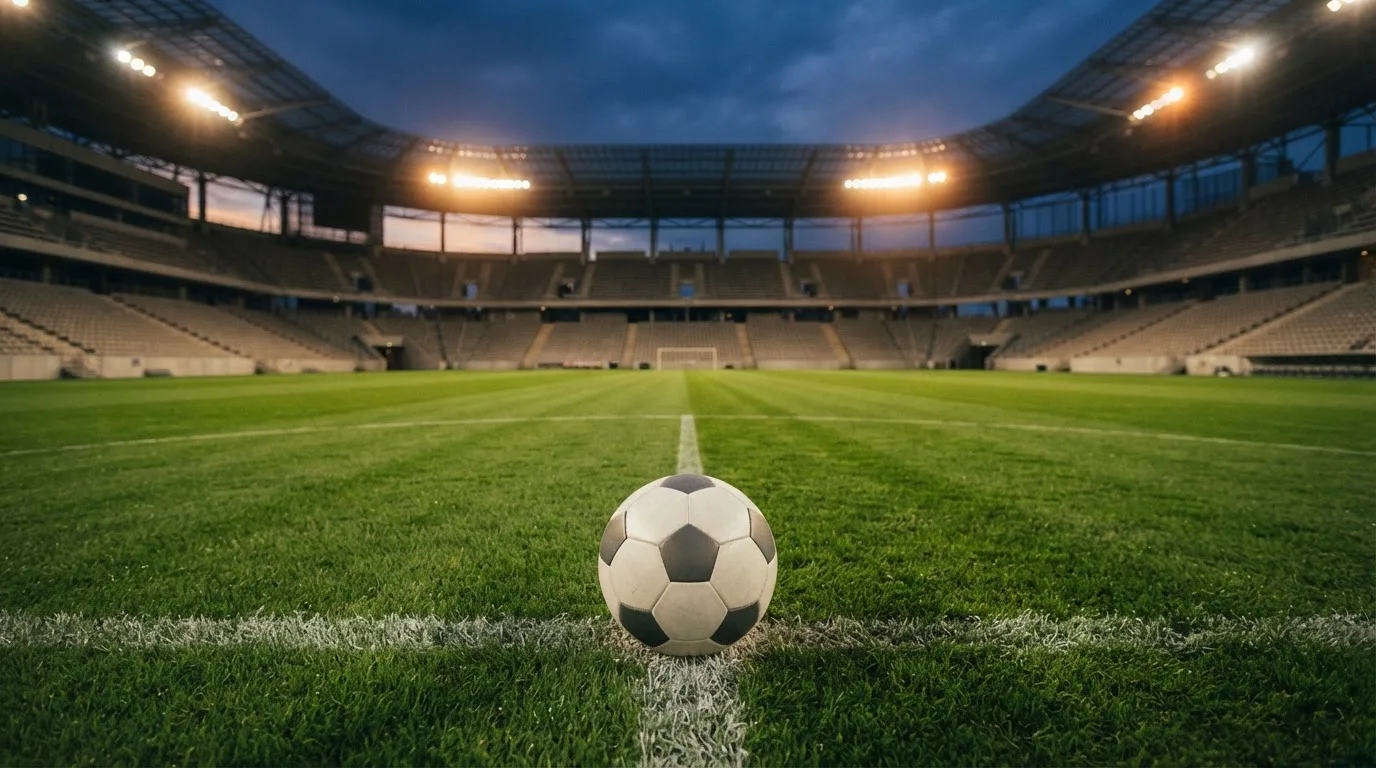Ein Fußball liegt auf dem Anstoßpunkt eines leeren Rasenplatzes, im Hintergrund steht ein Stadion unter Flutlicht in der Dämmerung.