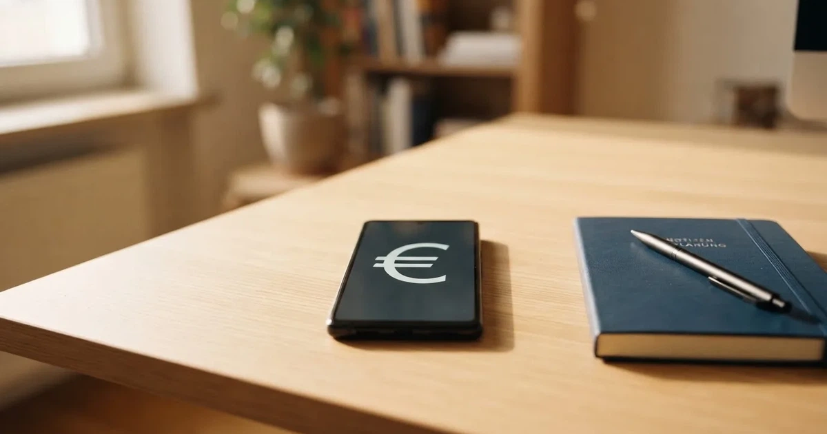 Ein Smartphone liegt neben einem Notizbuch und einem Kugelschreiber auf einem hellen Schreibtisch, das Display ist ausgeschaltet.