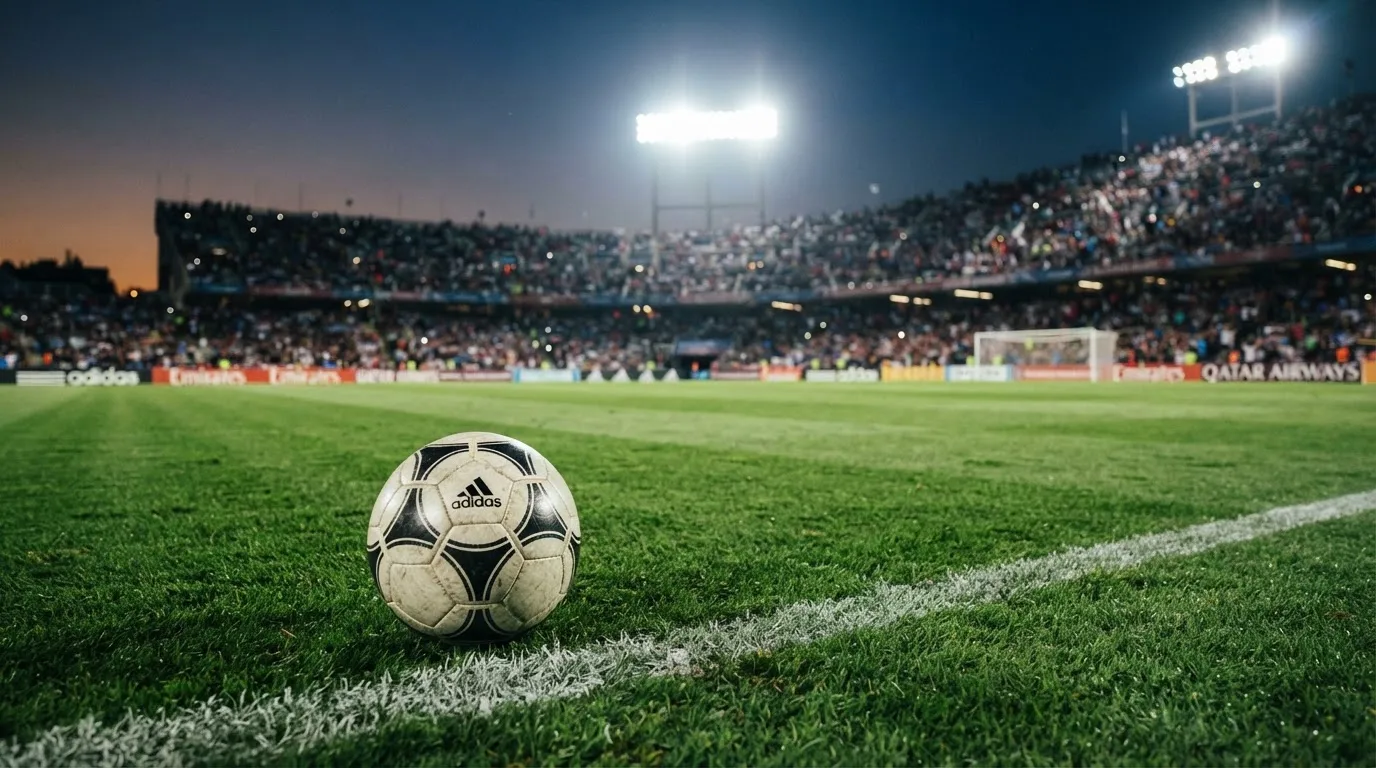 Ein Fußball liegt auf dem Rasen eines leeren Platzes, im Hintergrund ein Stadion unter Flutlicht in der Abenddämmerung.