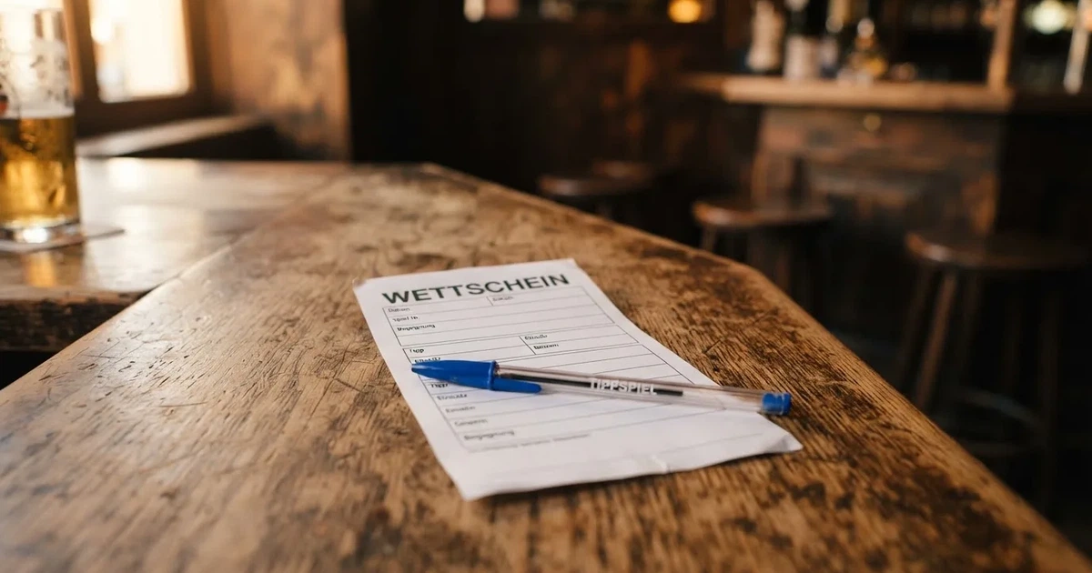 Ein leerer Wettschein aus Papier liegt neben einem Stift auf einer hölzernen Theke, weiches Licht fällt von der Seite ein.