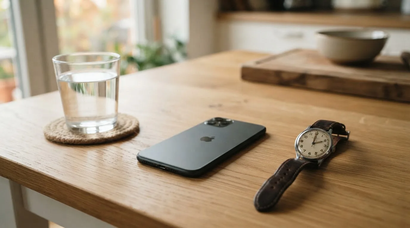 Ein Smartphone liegt mit dem Display nach unten auf einem Küchentisch, daneben stehen ein Glas Wasser und eine Armbanduhr.