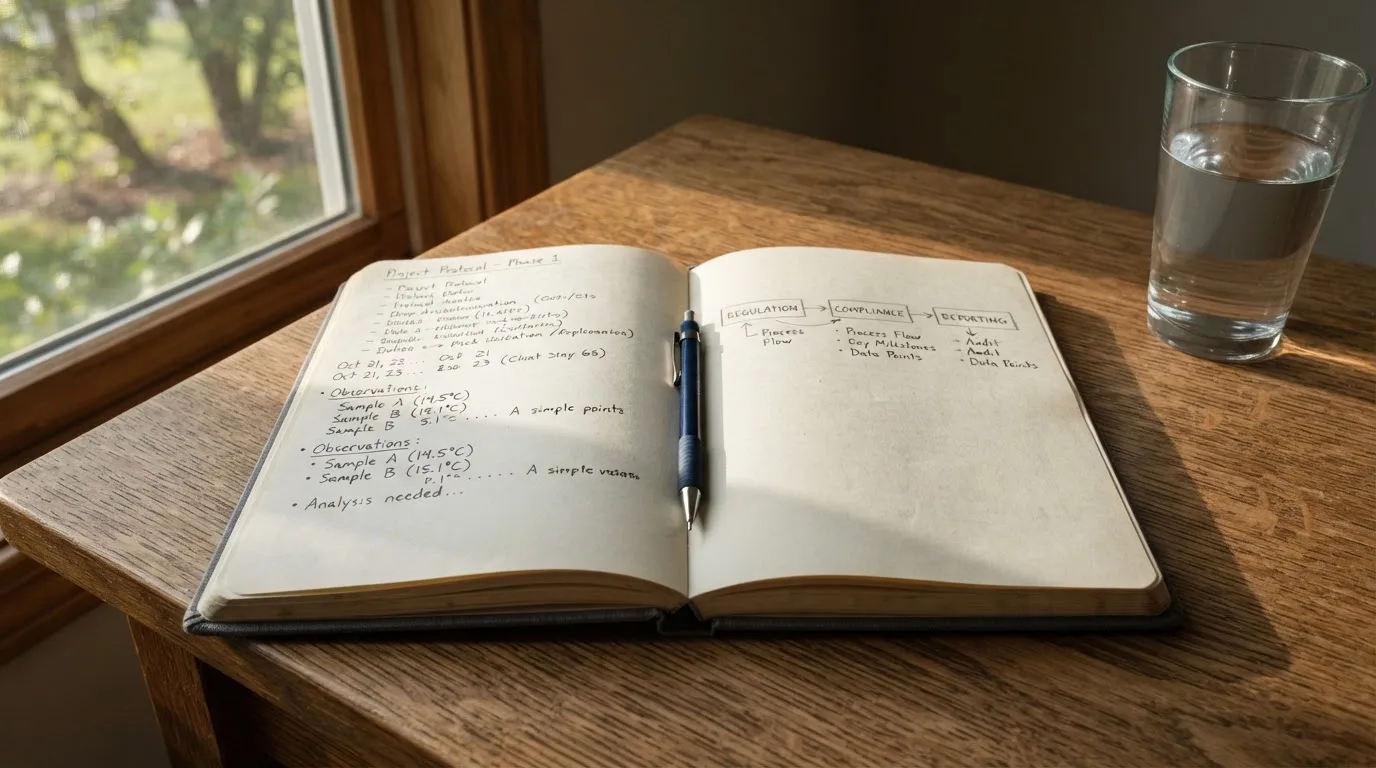 Ein Notizbuch mit handschriftlichen Notizen und ein Bleistift liegen auf einem Schreibtisch am Fenster, draußen fällt Morgenlicht herein.