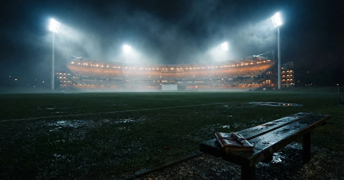 Ein Stadion unter Flutlicht, aus großer Entfernung über eine dunkle Wiese fotografiert, am Himmel zieht Nebel auf.