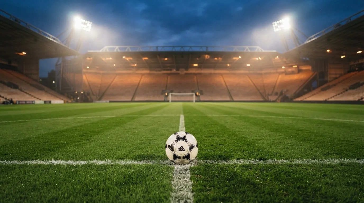 Ein Fußball liegt auf dem Anstoßpunkt eines leeren Rasenplatzes, im Hintergrund steht ein Stadion unter Flutlicht in der Dämmerung.