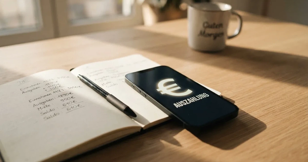 Ein Smartphone liegt neben einem Notizbuch und einem Kugelschreiber auf einem hellen Schreibtisch, das Display ist ausgeschaltet.