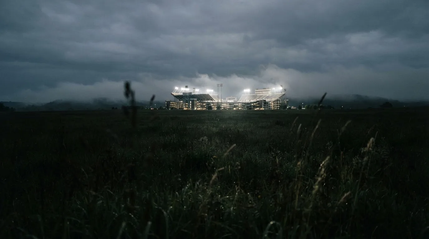 Ein Stadion unter Flutlicht, aus großer Entfernung über eine dunkle Wiese fotografiert, am Himmel zieht Nebel auf.