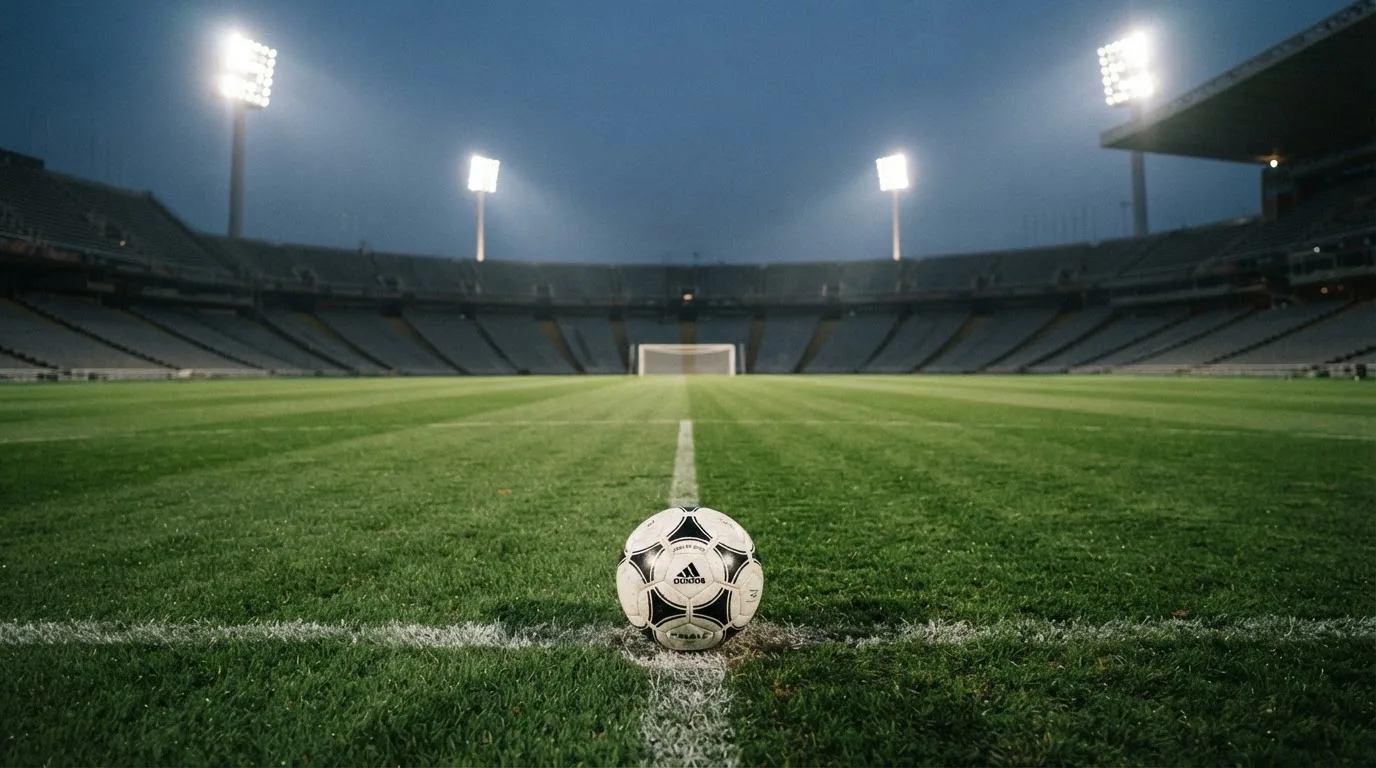Ein Fußball liegt auf dem Rasen eines leeren Platzes, im Hintergrund ein Stadion unter Flutlicht in der Abenddämmerung.