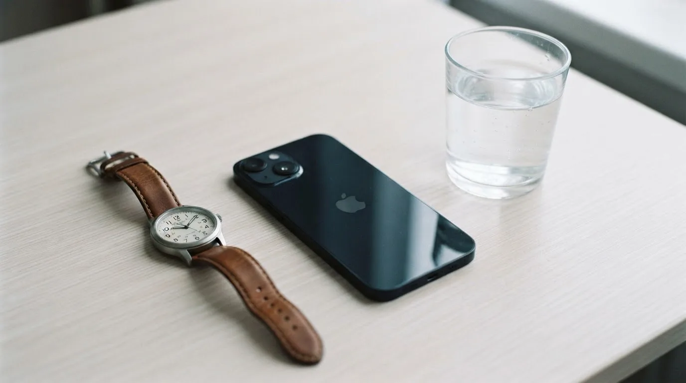 Ein Smartphone liegt mit dem Display nach unten auf einem Küchentisch, daneben stehen ein Glas Wasser und eine Armbanduhr.