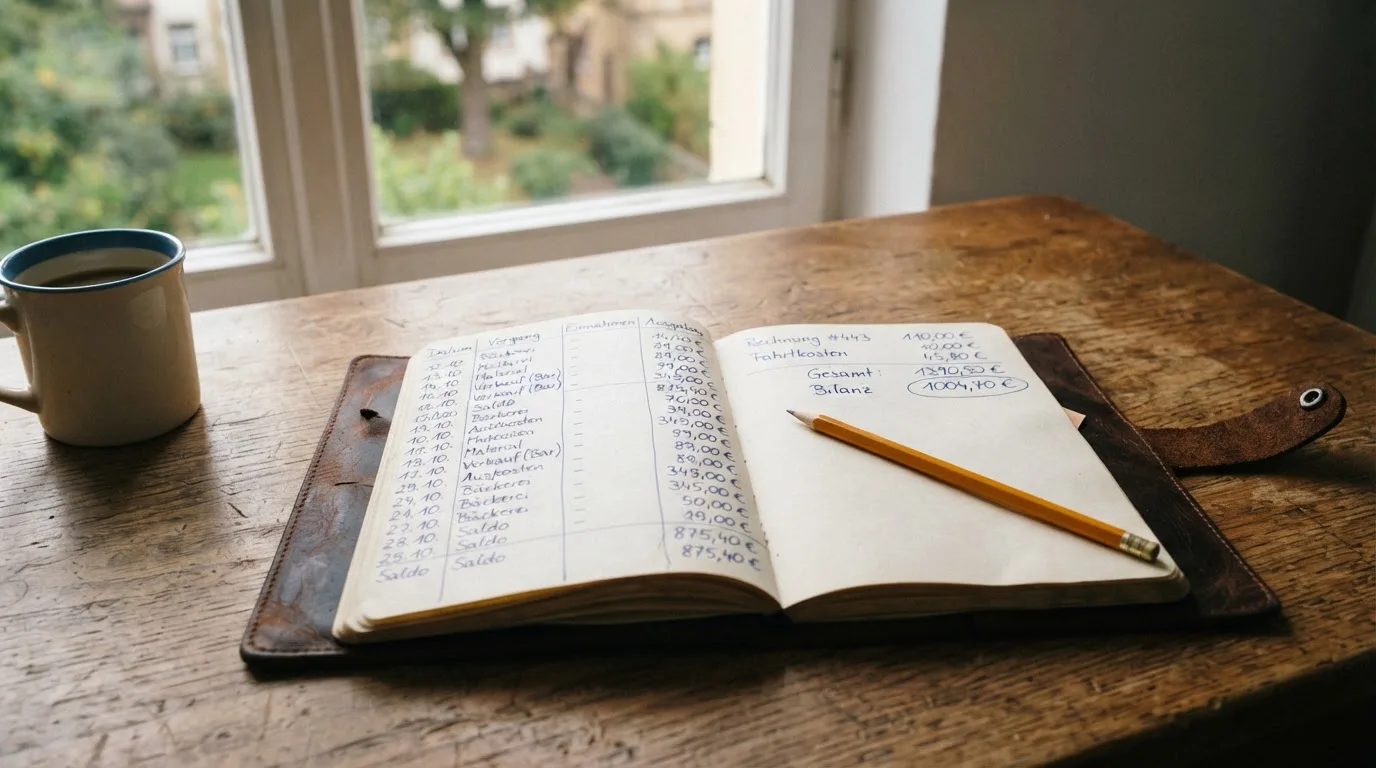 Ein Notizbuch mit handschriftlichen Notizen und ein Bleistift liegen auf einem Schreibtisch am Fenster, draußen fällt Morgenlicht herein.