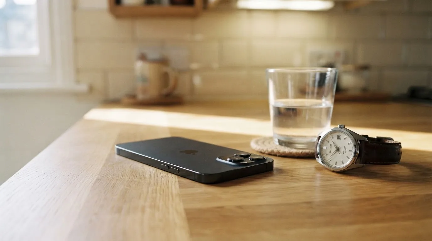 Ein Smartphone liegt mit dem Display nach unten auf einem Küchentisch, daneben stehen ein Glas Wasser und eine Armbanduhr.