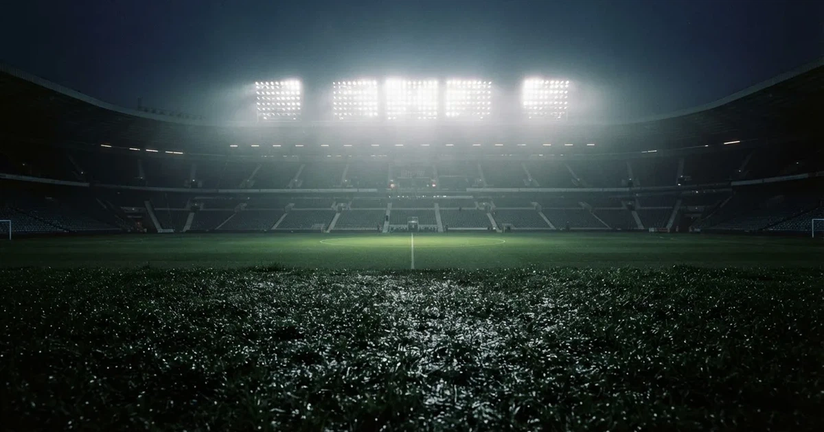 Ein Stadion unter Flutlicht, aus großer Entfernung über eine dunkle Wiese fotografiert, am Himmel zieht Nebel auf.