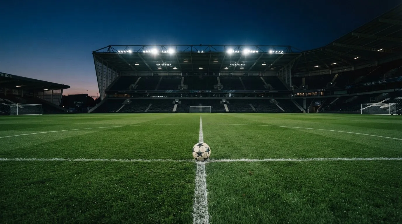 Ein Fußball liegt auf dem Anstoßpunkt eines leeren Rasenplatzes, im Hintergrund steht ein Stadion unter Flutlicht in der Dämmerung.