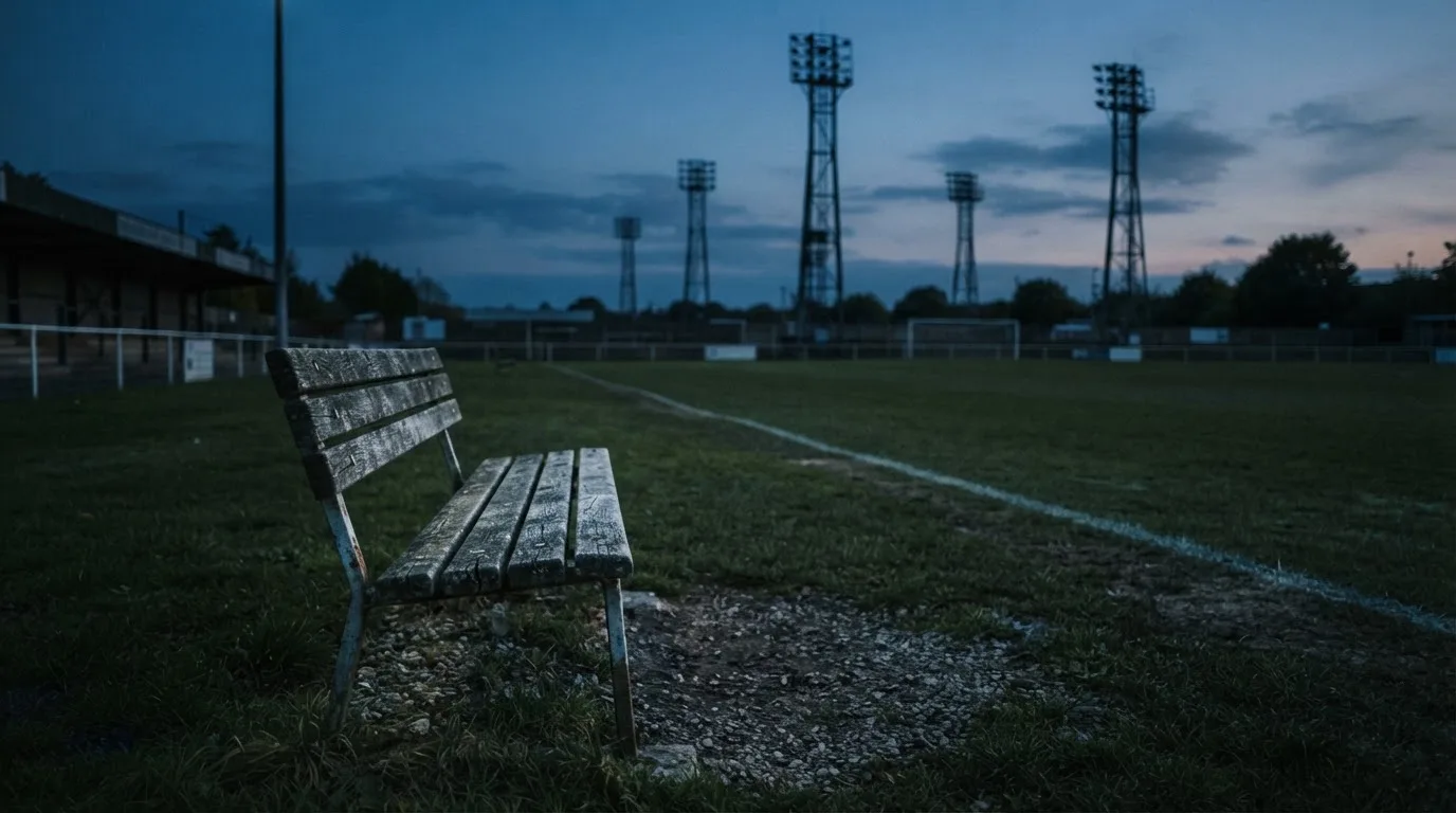 Eine leere Parkbank am Rand eines Fußballfelds in der Abenddämmerung, im Hintergrund ragen dunkle Flutlichtmasten in den Himmel.