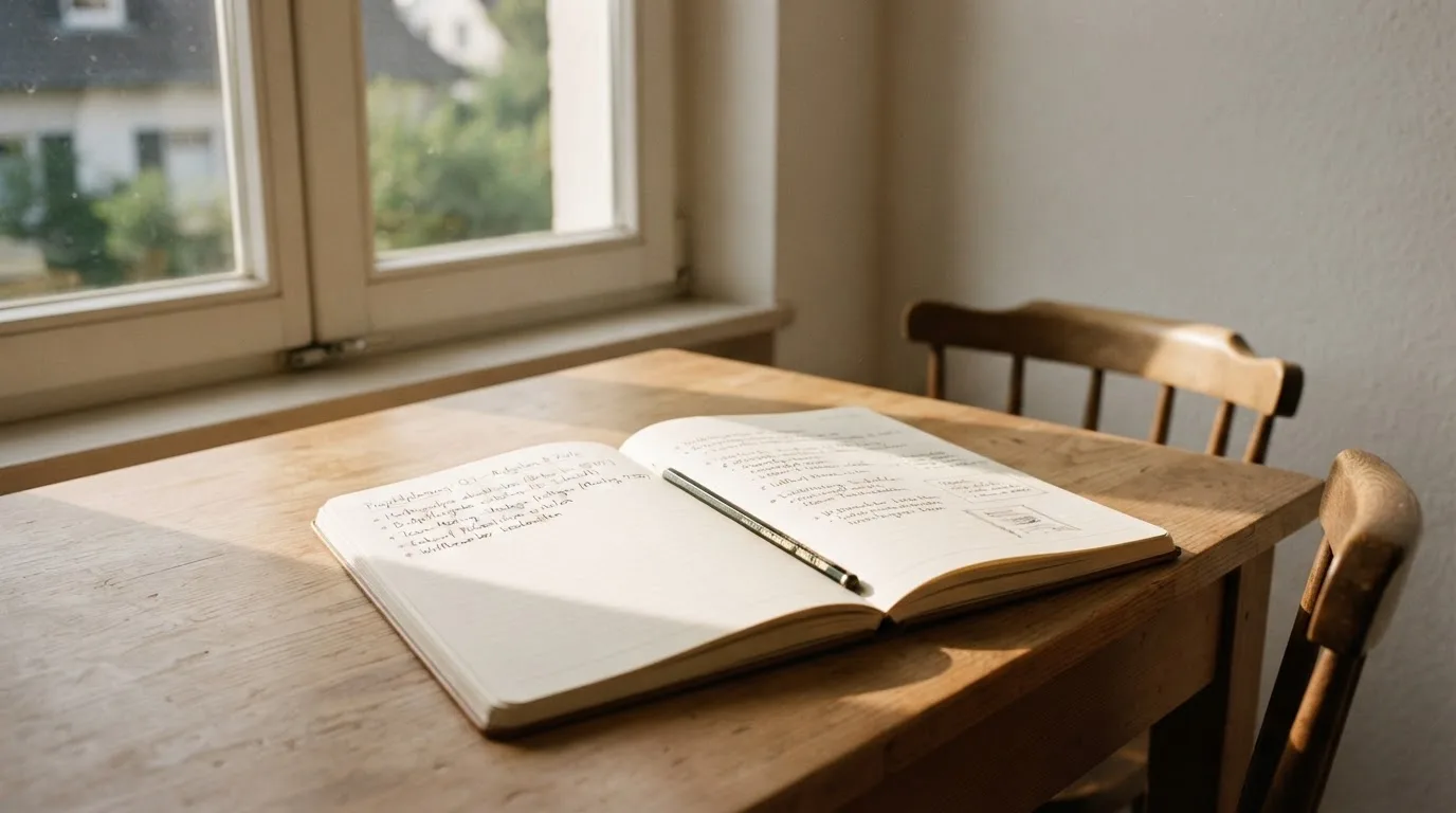 Ein Notizbuch mit handschriftlichen Notizen und ein Bleistift liegen auf einem Schreibtisch am Fenster, draußen fällt Morgenlicht herein.