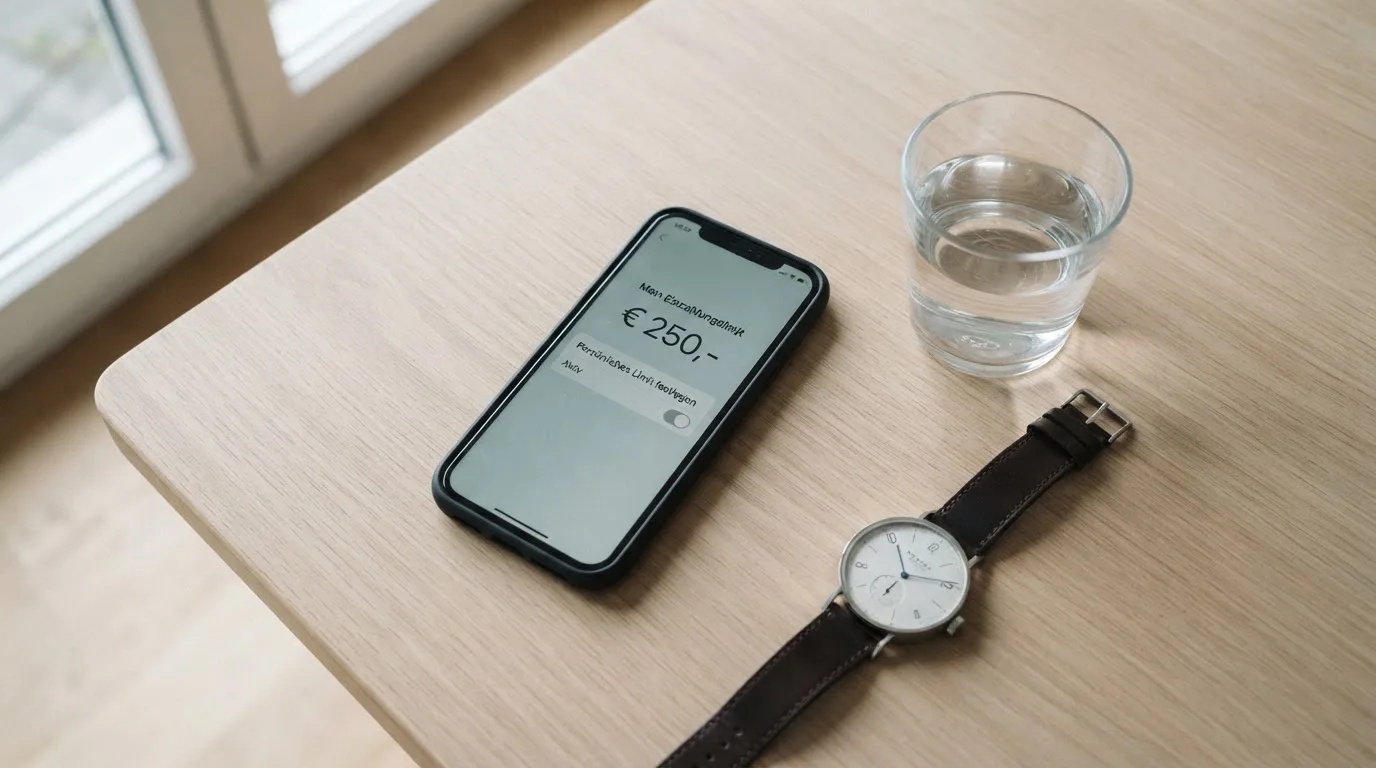 Ein Smartphone liegt mit dem Display nach unten auf einem Küchentisch, daneben stehen ein Glas Wasser und eine Armbanduhr.