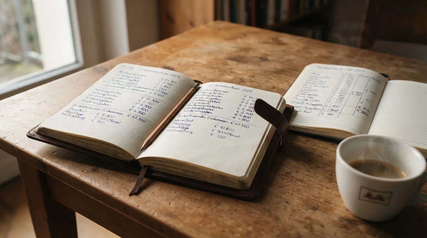 Ein Notizbuch mit handschriftlichen Rechnungen und ein Taschenrechner liegen auf einem Schreibtisch neben einer Tasse Kaffee im Licht des frühen Morgens.